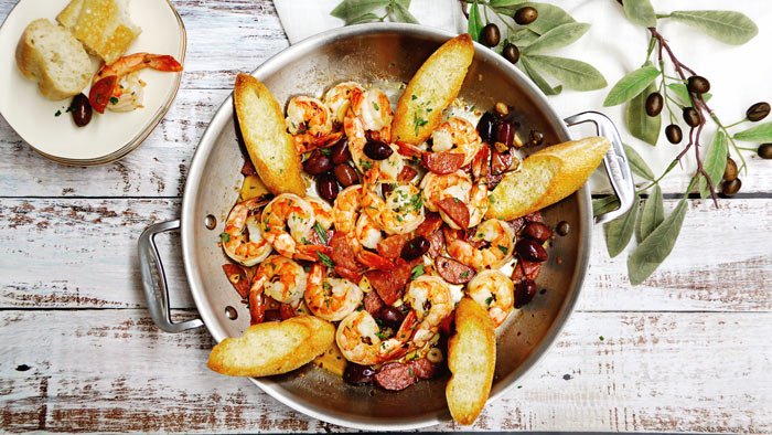 Cast Iron Garlic Shrimp With Chorizo and Green Olives Recipe